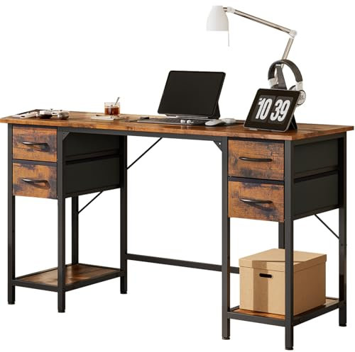 KZOBYD Computer Desk with Storage Shelf, Study Writing Table with Adjustable Drawers, Home Office Work Desk with Metal Frame and Wood Top, Home Workstation Table for Study Play Work, 120 x 50 x 75 cm