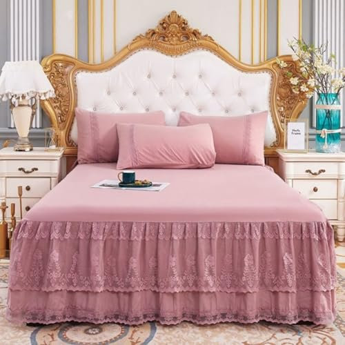 KnSam Bett Volant 180x220cm Waschbar, Spitze Bettrock Zum Umwickeln mit Kräuseln Einfarbig Lila Schlafkomfort, Polyester Spannbettlaken Spanner für Boxspringbett & Wasserbett