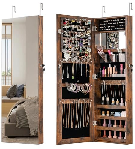 RELAX4LIFE Schmuckschrank, Hängeschrank abschließbar mit rahmenlosem Ganzkörperspiegel & Innenspiegel, Große Schmuckvitrine zum Jahrestag, Spiegelschrank für Schlafzimmer Ankleidezimmer (Retro Braun)