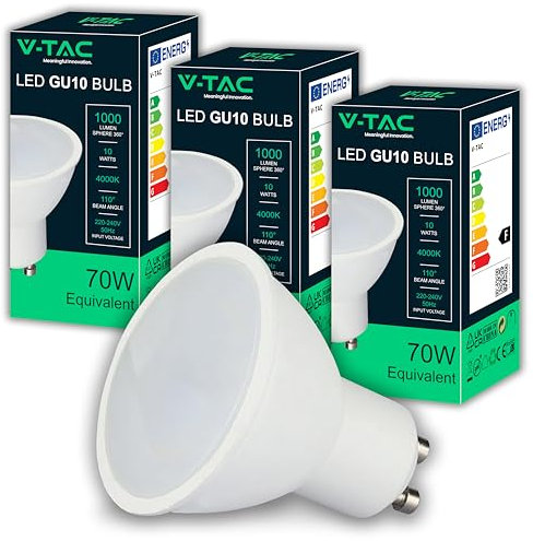 V-TAC 3x Bombillas LED GU10 - Alta Luminosidad 10W (Equivalente a 70W) - 1000 Lumen - Cubierta Satinada - Bombilla Máxima Eficiencia y Bajo Consumo - Paquete de 3-4000K Blanco Neutro