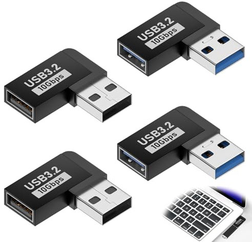 DONOONIS USB Angle,4 Pièces USB 90 Degré,Connecteur Coudé 10Gbps 3.1 Mâle vers Femelle,Fiche Coude A Droite Cable Mini Coudé 90 pour Ordinateurs Portables,Donnée Transfert