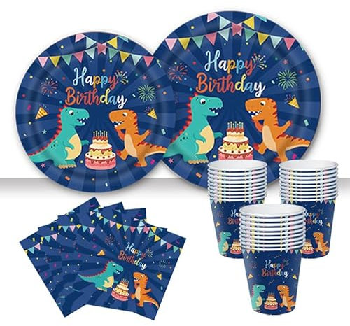 Set Compleanno Dinosauro Bambino Decorazioni Festa Tema Dino Blu con Piatti Tovaglioli Bicchieri Palloncini Tovaglia Coordinata Monouso per Feste Infantili e Party 3 Anni in su