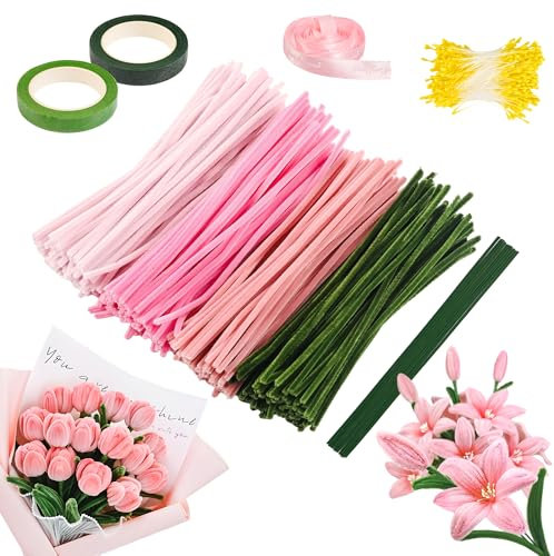 Molkor Bouquet Pfeifenreiniger Set, 400 Stück Pfeifenputzer zum Basteln Blumen, Pfeifenreiniger zum Basteln, 4 Farben Pipe Cleaner mit Blumendraht, Schleifenband, Blumen Staubblatt (Rosa)
