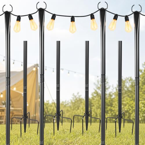 Gvdeirn 4pack 3M String Light Pole, Metal Outdoor String Light Pole Suitable for Courtyard, Backyard, Garden, Party, Wedding Hanging Light Pole,Rustproof and Sturdy with Hooks