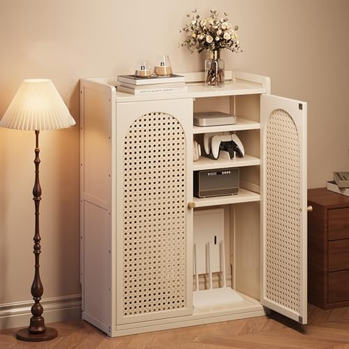 HPIRFYE WiFi Router Storage Cabinet With Rattan Doors, Multifunctional Standing WiFi Router Storage Box Modem With Cable Management And Ventilation Design For Home And Office(White,59 * 25 * 82cm)