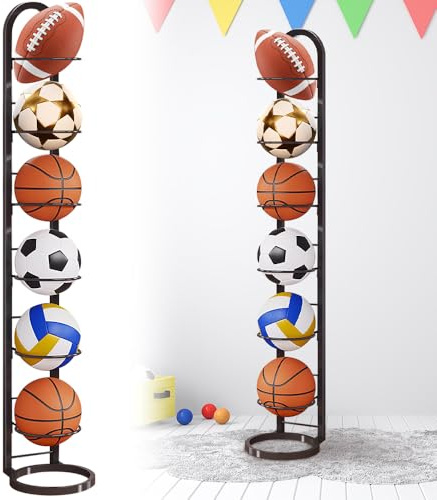 BIZOI 6 Strati Porta Palloni, Rastrelliera da Basket Verticale, Supporto per Palloni da Calcio in Metallo, Scaffale di Stoccaggio Della Palla Rimovibile Scaffale di Stoccaggio di Attrezzature Sportive