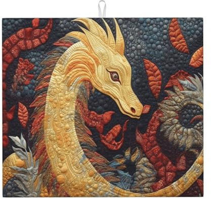 Schicke Abtropfmatte für die Küche – einzigartige individuelle Muster, Polyester-Material, saugfähig und rutschfest, perfekt für Arbeitsplatten und Waschbecken, mystischer Drachen-Quilt
