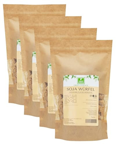 Sojawürfel 2kg Fleischersatz Schnitzelchen Sojaschnetzel von Green Essence | Würfel Fleischersatz Soya Chunks, kleine Würfel aus Sojamehl, für Gulasch, vegan Hackfleisch, Soja Geschnetzeltes 2kg, 4-Pack