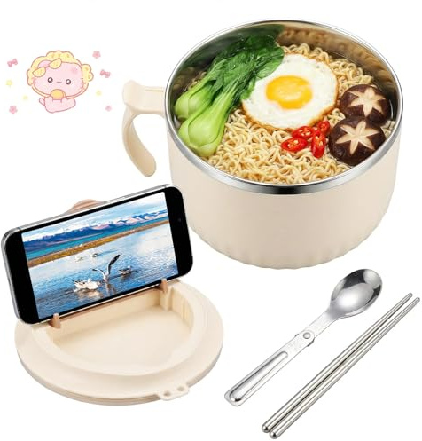 1.6L Rapid Ramen Bowl with Filterable Lid, Stainless Steel Noodle Bowls with Spoon Chopsticks & Cartoon Stickers ,Portable Ramen Cooker with Handle Dishwasher Safe for Office College Dorm(beige)