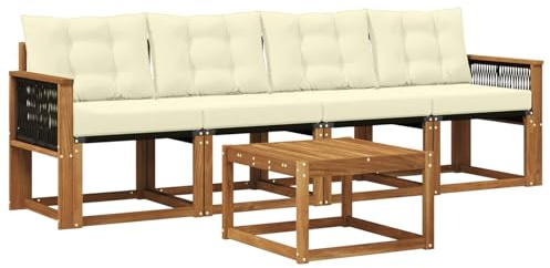 vidaXL Outdoor-Sofagarnitur mit Kissen 5 pcs Natur und Creme, Garten Sofaset, modernes Wohnmöbel, entspannende Couch für Terrasse und Außenbereich