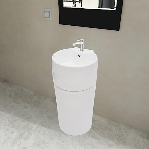 Emmtore Lavabo de pie redondo de cerámica hueco de grifo/desagüe blanco