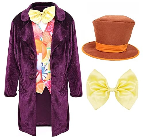 Chocolate Factory Boss Costume For Boys - Medium - Kids Chocolate Factory Fancy Dress - Purple Coat - Candy Print Waistcoat - Golden Bow Tie - Oversized Hat For World Book Day - Book Week