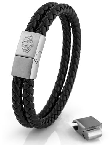 Akitsune Simplicitas Lederarmband | Magnetisch Premium Armschmuck Frauen Herren Geflochten Männer Handgefertigt Armband - Silber - Schwarz 21cm