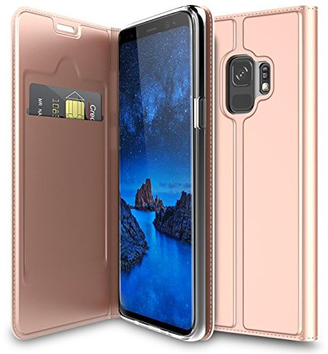 Verco Handyhülle für Galaxy S9, Premium Handy Flip Cover für Samsung Galaxy S9 Hülle [integr. Magnet] Book Case PU Leder Tasche, Rosegold