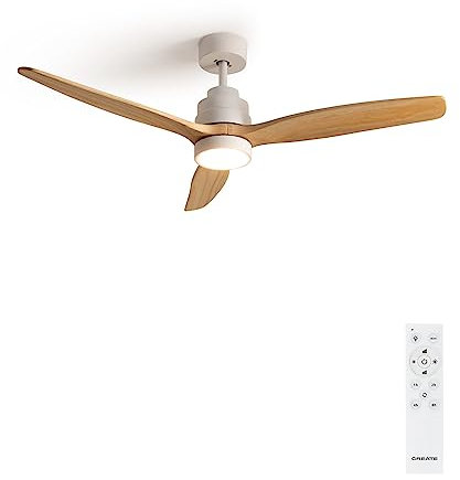 CREATE / WINDSTYLANCE/Deckenventilator mit Beleuchtung Weiß Naturholzflügel mit Fernbedienung / 40W, Leise, Ø132 cm, 6 Geschwindigkeiten, Timer, Sommer-Winterbetrieb, doppelte Höhe, DC-Motor
