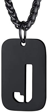 Bandmax Militärische Dog Tag Buchstabe J Anhänger Halskette für Männer Frauen Schwarz Erkennungsmarke + Weizenkette 55+5cm Kette Modeschmuck Accessoire