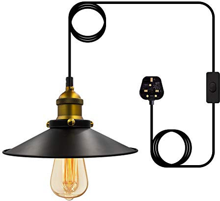 Bronze Industrial Plug in Pendant Lighting, 4.5M Adjustable Vintage Plug in Ceiling Light, Retro Brass Lampshade Hanging Lamp with Switch, E26/E27 Black Pendant Light Fitting, Bulb Holder for Home