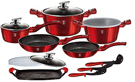 Berlinger Haus, Batterie de Cuisine 16 Pièces, Poignée de touche souple ergonomique, Collection Burgundy, revêtement en marbre antiadhésif à 3 couches, Convient à tous types de plaques de cuisson
