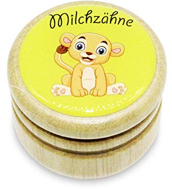 GICO Milchzahndose, Zahndose Milchzähne Bilderdose mit diversen Motiven aus Holz für Jungen und Mädchen mit Drehverschluss 44 mm (Löwe)