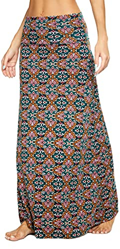 Exchic Maxirock für Damen, Bohemian-Stil, mit Druck, einfarbig, elastischer Taillenbund, lang