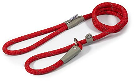 Ancol Viva Reflective Rope and Leather Slip Dog Lead - Red - Lightweight Weatherproof Durable Puppy Training Accessory - 1.2m x 10mm