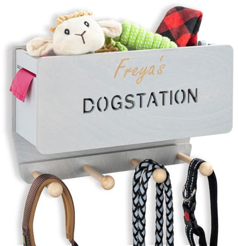 INEXTERIOR Hundegarderobe CLASSIC aus Holz - personalisierbar - in Deutschland handgefertigt - Aufbewahrung für Hundeleinen (Grau, Schriftzug Dogstation + Name)