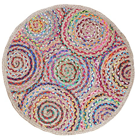 CASAVANI Handgeflochtener Bohemian-Teppich, bunt, Baumwolle, Chindi-Teppich, mehrfarbig, Jute und Baumwolle 120 x 120 cm (4 x 4 Fuß im Quadrat)