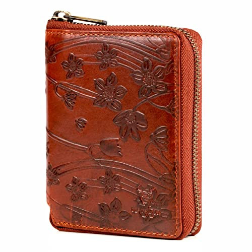 MATADOR Kartenportmonai Damen Leder #Edinburgh mit edler Geschenk Box, Elegantes Kartenetui Damen mit Münzfach und RFID Blocker, Luxus Geldbörse Viele Kartenfächer und Reißverschluss in Blumen Braun