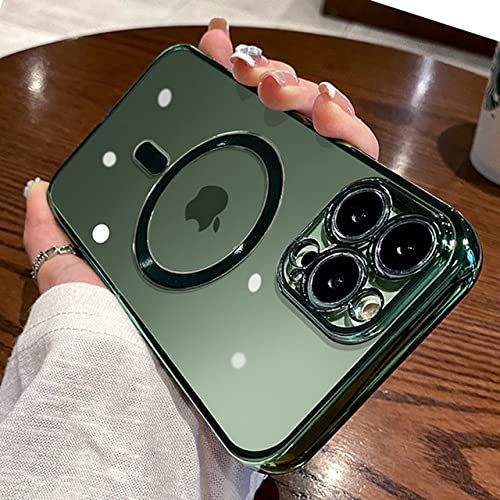 GORJO Luxury Plating Clear Magnetic For Wireless Charge Case For iPhone 14 13 11 12 Pro Max X XR XS Silicone Transparent Cover,Alpine Green,For iphone 13 pro