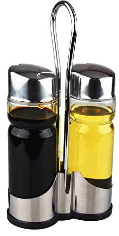 Oil and Vinegar Dispenser Set with Stainless Steel Holder,Clear Glass Olive Oil Dispenser Bottle
