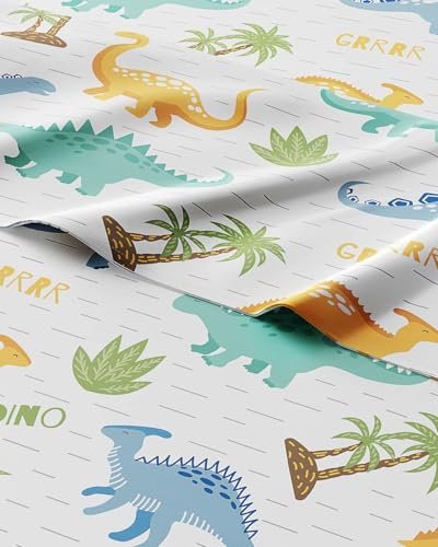 Kids Twin Size Bed Sheet Set - 3 Piece Kids Loft Bed Sheets - Colorful Dinosaur Dino Print Bedding - Soft, Cute - Breathable & Machine Washable - Dino Pattern Bed Set for Boys, Girls, Teens & Toddlers