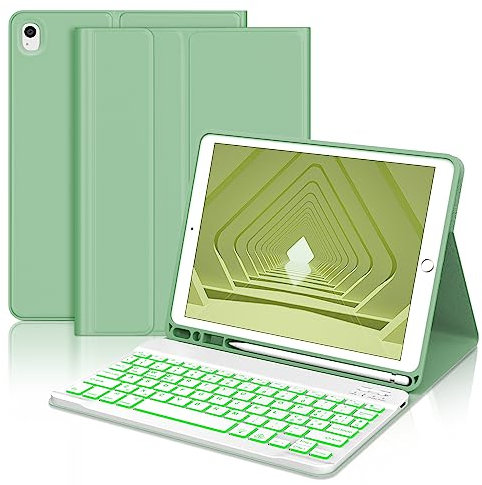 Custodia Tastiera per iPad 9a/8a/7a Generazione 2021/2020/2019 10.2, Italiano QWERTY Tastiera Staccabile Wireless Cover con Supporto per Apple Pencil per iPad 10.2, Verde chiaro