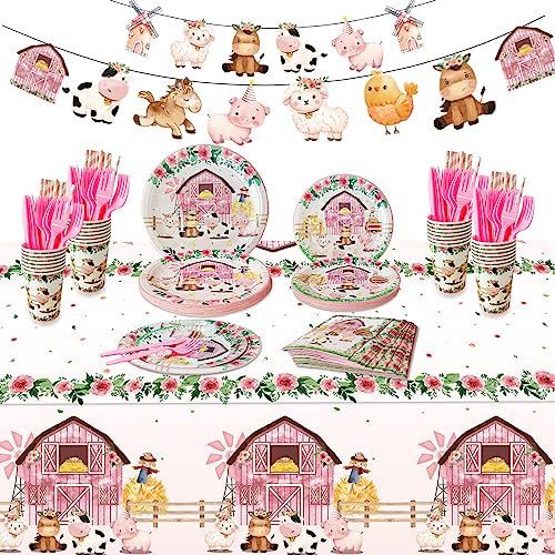 Farm Birthday Party Supplies Plates Set for 24 Guests, Farm Animal Birthday Baby Shower Party Decorations, Plate, Cup, Napkin, Tablecloth, Farm House Animal Barnyard Theme Party Supplies,Serve 24