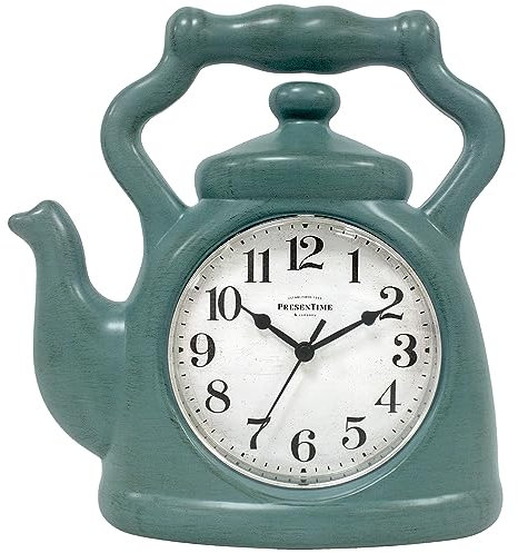 Presentime & Co. 11 Teapot Clock, Silent Non Ticking, Modern Farmhouse Style, Wall & Mantel 2 in 1 Clock, Desk & Shelf, Aged Teal Finish (Wall Deocration/Home Decoration/Tabletop Décor)