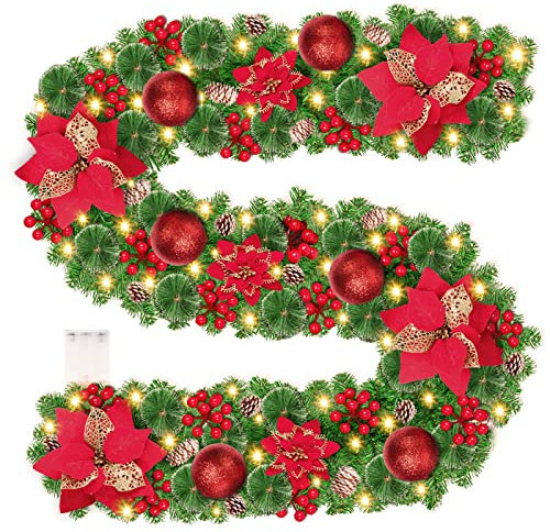 Weihnachtsgirlande mit Beleuchtung, 2.7M Girlande Weihnachten Batterie 30LED Warmweiß Tannengirlande mit Beleuchtung, Weihnachtsdeko Balkon Christmas Garland für Treppengeländer Tür Kamine Innen Außen