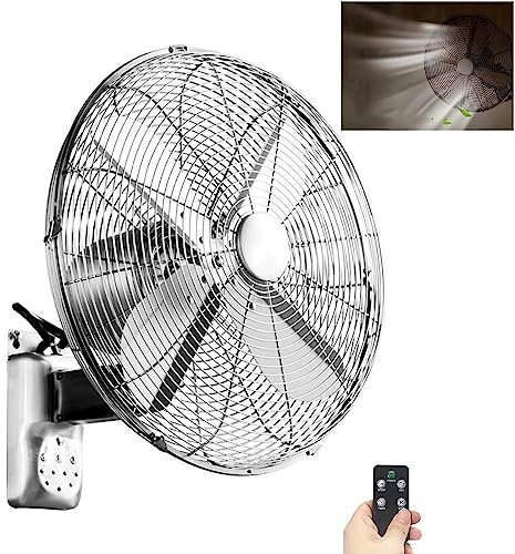 Gvqng Wall Mounted Oscillating Fan,16/18 inch Shop Fan, Retro Metal Cooling Shop Fan, Remote Control 90 Degree Oscillating Fan, for Patios Waterproof Bedroom Home Kitchen,silver,16in