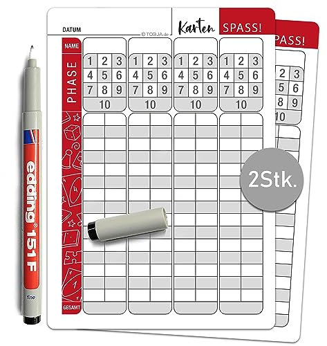 Abwischbare Ersatzblätter im Set mit Markenstift - Extra Große Zahlen und Buchstaben | Senioren geeignet | Übersichtliches Design der Phasen | Wertungsblatt für Kartenspiel (2x A6 Blatt inkl. Stift)