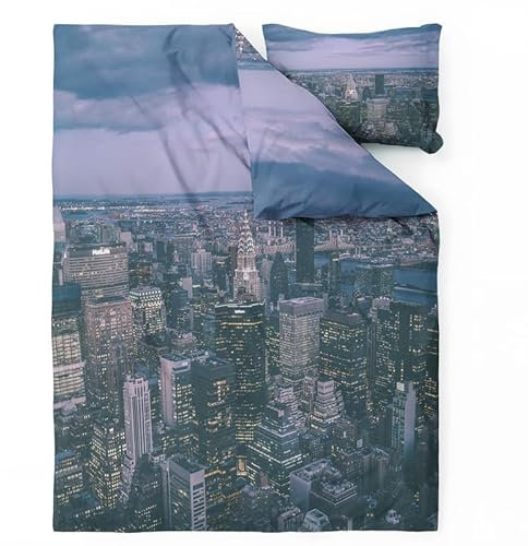 PASSIE New York Bettwäsche 135x200-2er Set Bettbezug Stadt, Wendebettwäsche und Kissenbezug 80x80 aus Weicher & Atmungsaktiver Mikrofaser mit praktischem Reißverschluss