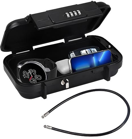 Coffret Fort Portable Sécurisé Petit à Combinaison avec Code, Boîte de Stockage de Clés Code Exterieur de Voyage avec Câble Métallique Amovible pour École Plage Maison Bureau Hôtel Voyages Noir