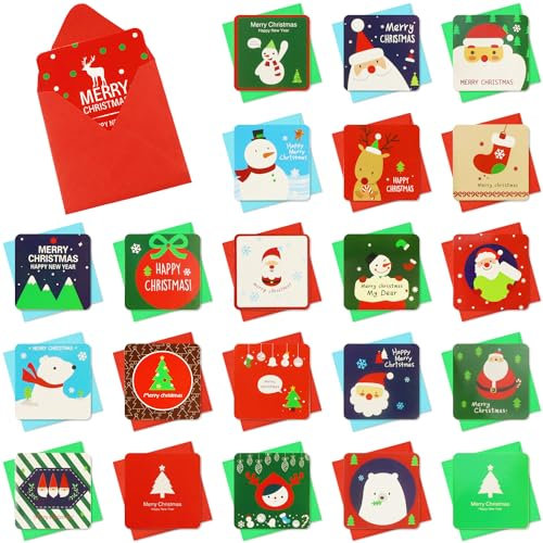Aohcae 24 Stück Weihnachtskarten mit Umschlägen, Mini Weihnachtskarten 7 x 7 CM Mini briefumschläge mit Karten für Winterferien Neujahr Party