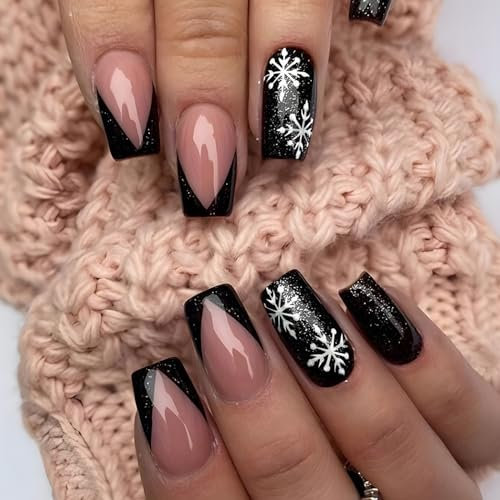 Ceboic 24 Stück Französische Press on Nails Kurz, Square Künstliche Nägel Weihnachten Schwarz Weiß Schneeflocke Nägel Zum Aufkleben, Natürlich Acryl Fingernägel Fake Nails für Frauen und Mädchen