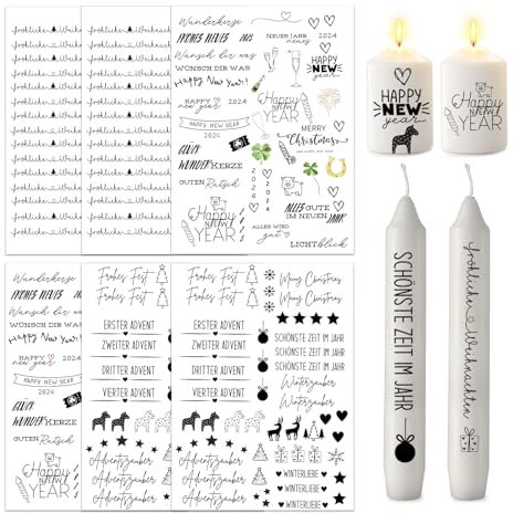 ALLAVA 6 Stück Kerzentattoos Happy New Year, Kerzentattoos Weihnachten, Wasserschiebefolie Kerzen, Kerzensticker Kerzenfolie für Kerze Tasse DIY Geschenk, Kerzen Dekorieren, Kerzensprüche(E)