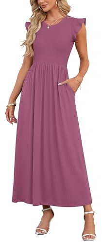 AUSELILY Donna Elegante Abito Estivo con Corte Maniche Abito con Tasche Collo Tondo Gonna da Spiaggia Gonna Lunga(Viola Rosa,XXL)
