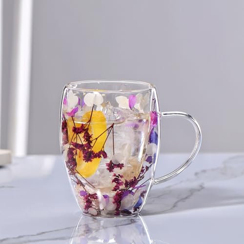 LeKuni Tasse Double Paroi Avec Fleurs Séchées, 350ml Verre Double Paroi, Tasses À Expresso En Verre Transparent Pour Cappuccino, Expresso, Latte, Thé（violet）