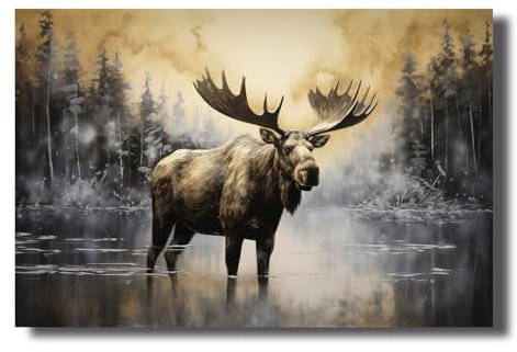 LZIMU Elch Leinwand Bilder Wald Elch Bilddrucke Waldtiere Poster braun Vintage Wildtier Kunstwerk rustikale Bauernhaus Wanddekoration (Bild-1, (30.00 x 45.00 cms))
