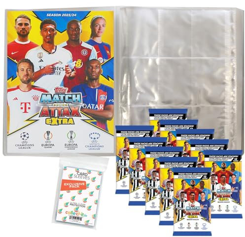 Bundle mit Match Attax Champions League 2023/24 EXTRA - Trading Cards - 1 Leere Sammelmappe + 10 Booster + Exklusive Collect-it Hüllen