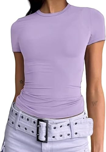 OYIGELZ Maglietta basic da donna a maniche corte crop top Y2K slim fit top casual streetwear, Viola #1., XXL