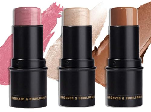 3Pcs Highlighter & Blush & Contour Stick Set, Creme Bronzer Stick, Super Silky Rouge Stick, Wasserfest & Langanhaltend Contouring Stick für das Gesicht Leicht Modelliert, Buildable & Natural Glow