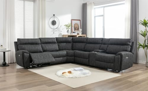 AZRBOPO Electric Recliners Sofa, 5 Seater Power Corner Recliner Corner Sofa Set with Console Cup Holder, 105–135 Degrees Recliner Padded Sofa with Adjustable Backrest and Footrest - DARK GREY