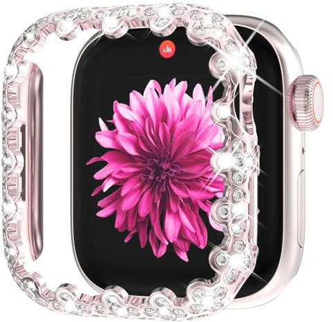 WINGLE Custodia protettiva per Apple Watch 40 mm serie 6 5 4 SE (2a generazione), bordo in pizzo 4 foglie di trifoglio diamante copertura per viso glitter strass protettiva paraurti per iWatch da